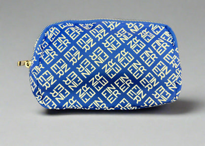 Blue pouch with white text pattern on a gray background